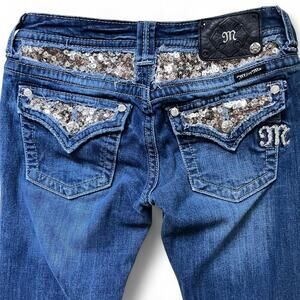 Miss Me Bootcut Jeans Womens 28 Blue Sequin Pocket Low Rise 33” Inseam